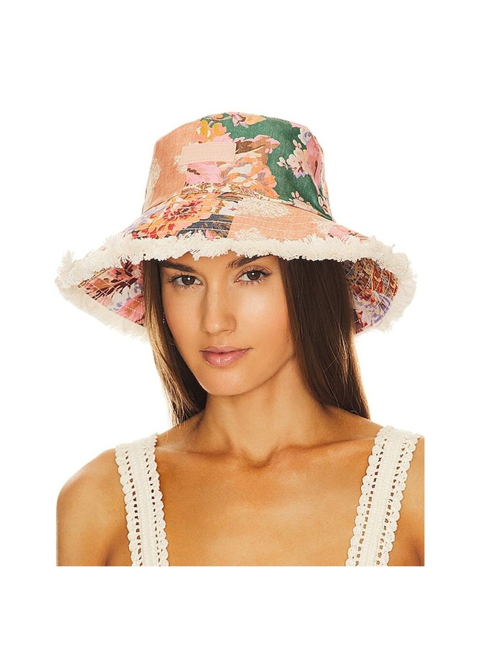 Zimmermann Floral Patchwork Frayed Bucket Hat in Peach, Green & Pink